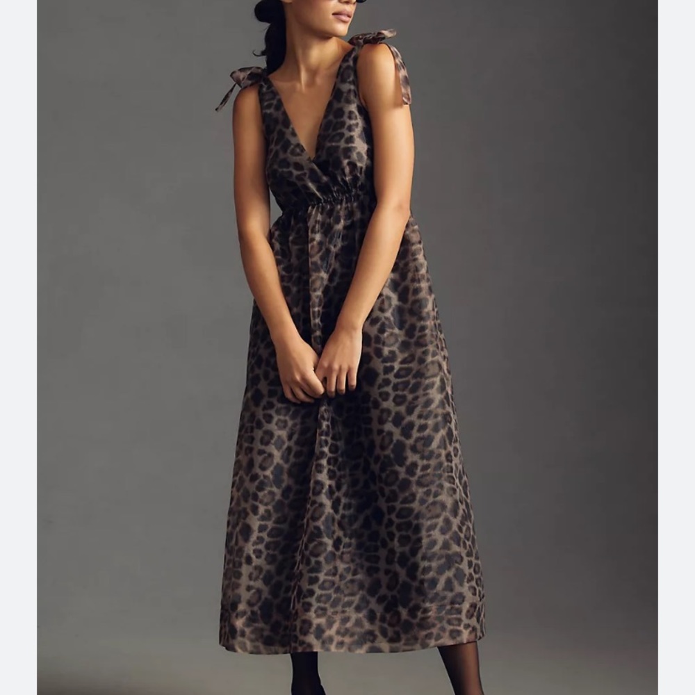 Anthropologie Leopard Print V-Neck Organza Dress Size Small